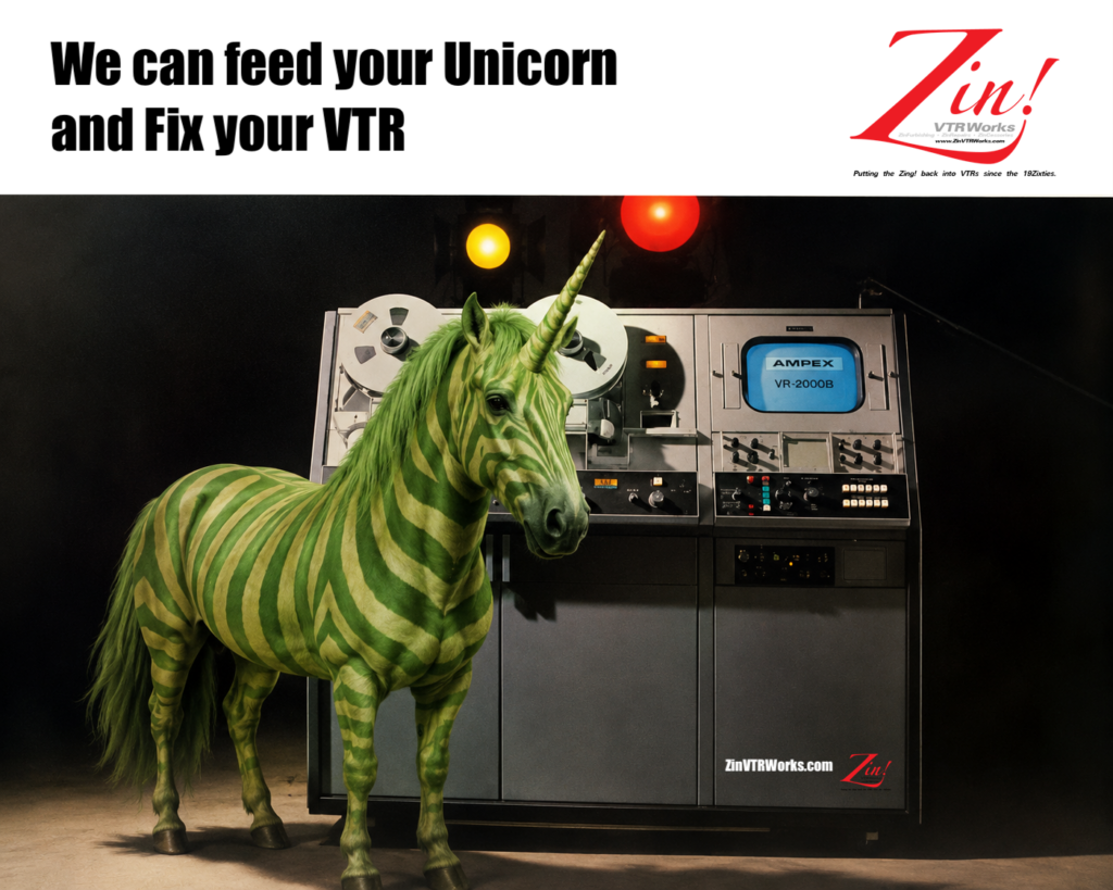 Imagine of unicorn with green stripes in front of Ampex VR-2000B Quad Videotape Recorder.